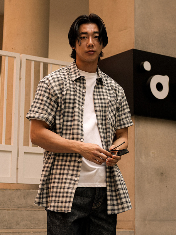 (L-5XL)<br>치드린 格子短袖衬衫 N005