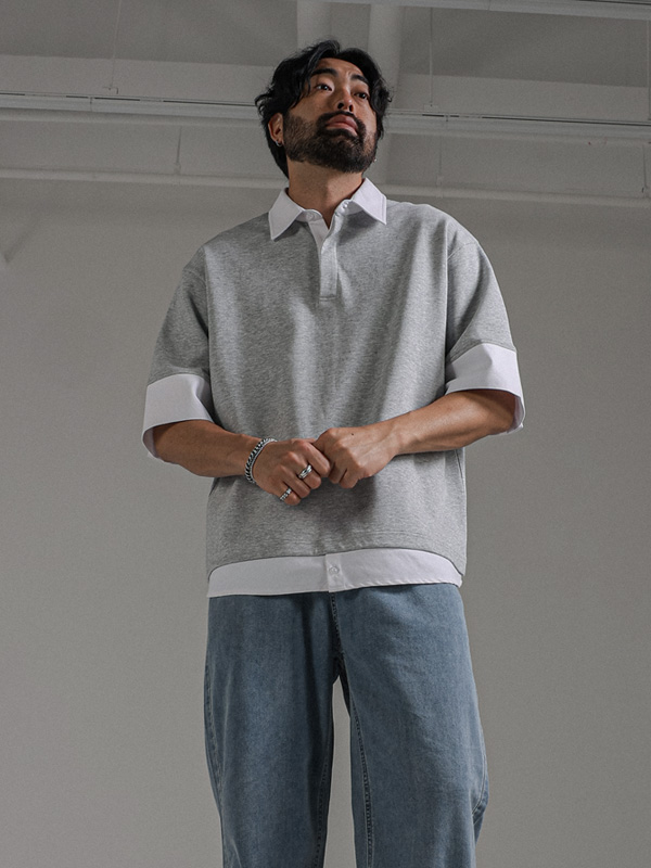 (L-7XL)<BR>리번어스 分层 短袖领衬衫