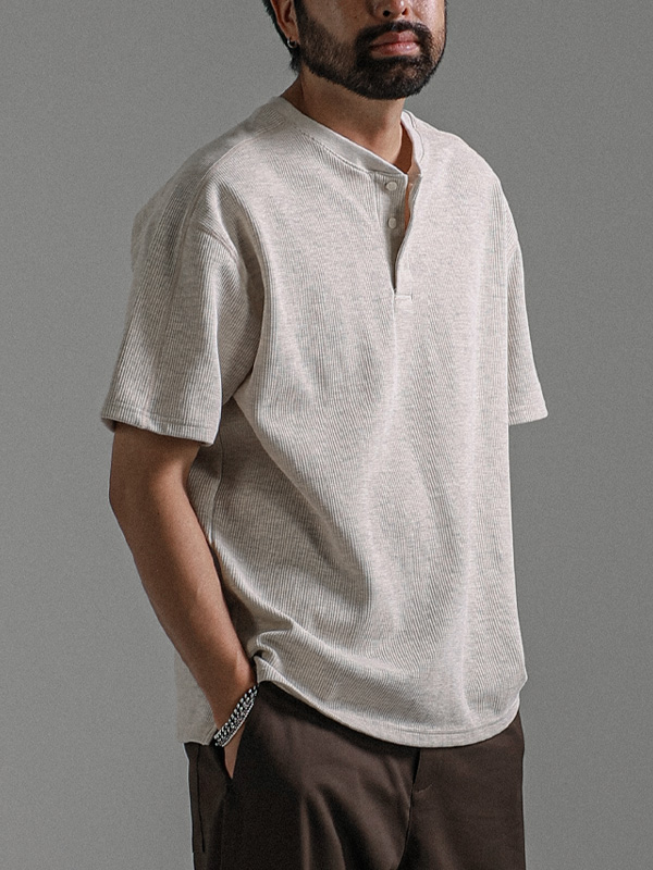 (L-5XL)<BR>로우링스 亨利颈 华夫短袖衬衫 T075