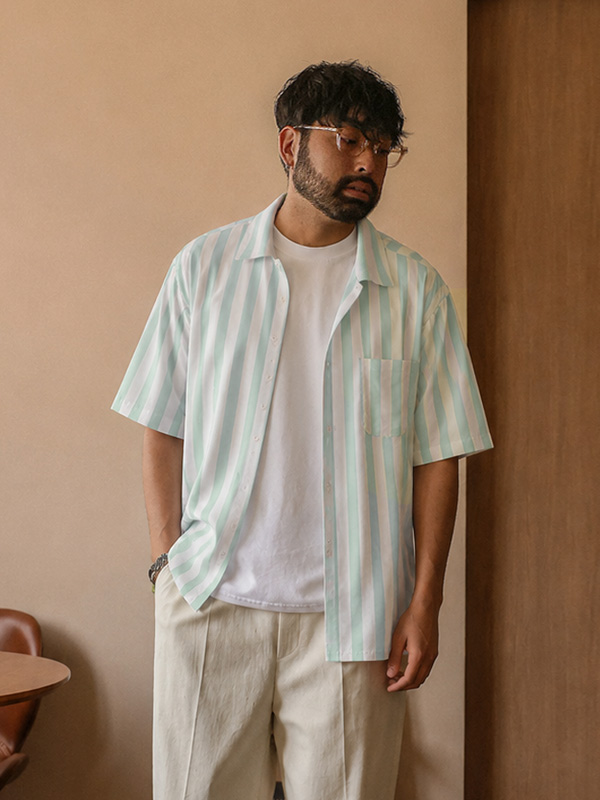(L-5XL)<BR>타마두 条纹 短袖衬衫