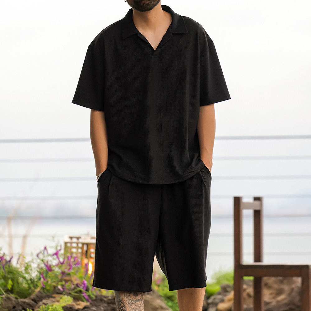 [SET](L-7XL)<br>무티뉴 百褶 短袖领衬衫 + 비티냐 百褶 松紧带短裤