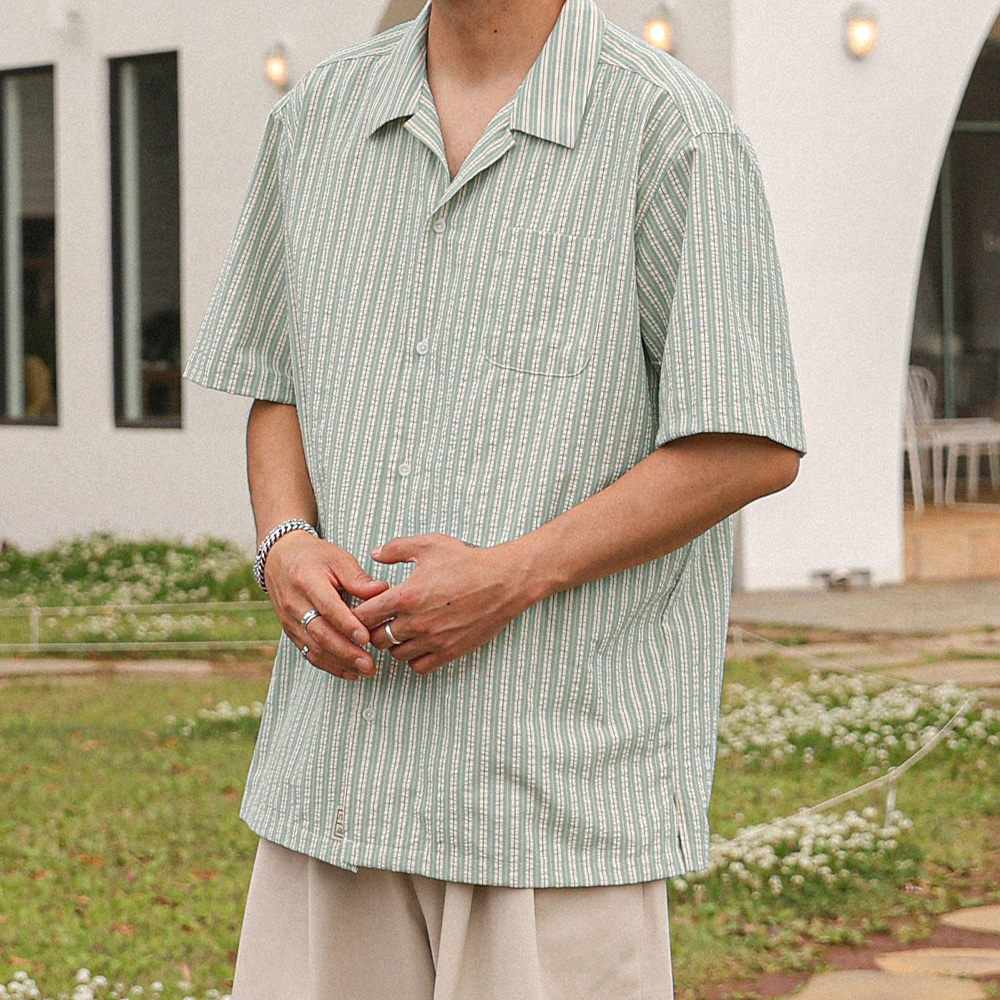 (XL-6XL)<br>샤룩 시어서커 条纹 短袖衬衫 N024