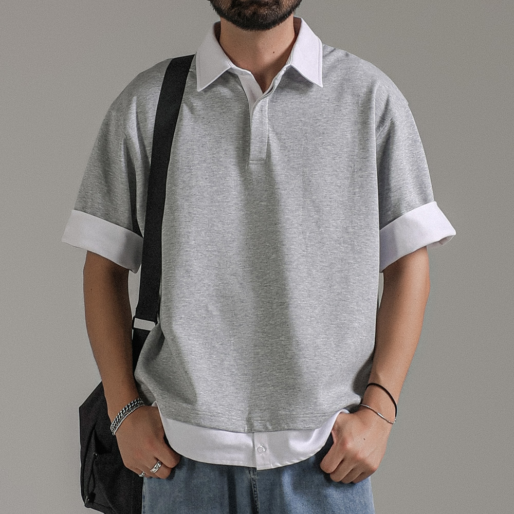 (L-7XL)<BR>리번어스 分层 短袖领衬衫