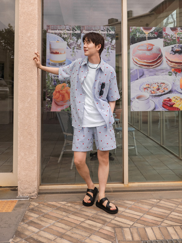 (L-7XL)<BR>하트스톤 条纹 短袖衬衫