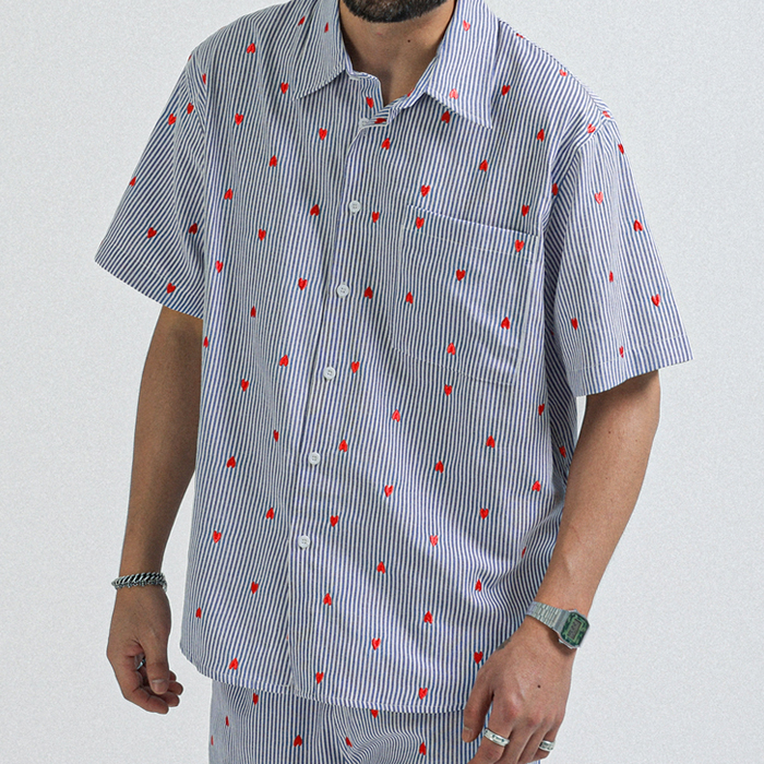 (L-7XL)<BR>하트스톤 条纹 短袖衬衫