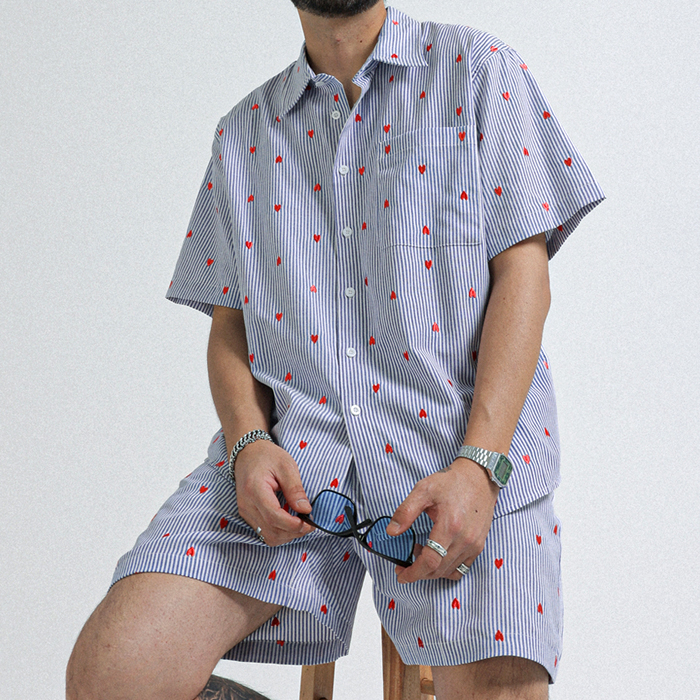 [SET](L-7XL)<br>하트스톤 条纹 短袖衬衫 + 아비뇽 条纹 松紧带短裤