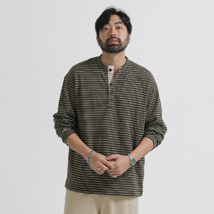 (L-7XL)<BR>비드지스 条纹 亨利颈 长袖t恤