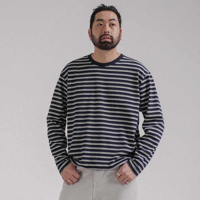 (L-7XL)<BR>베타바노 条纹 넣은척 长袖t恤