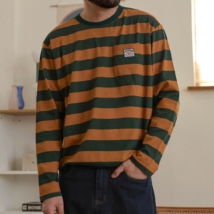 (L-7XL)<BR>올라이나 条纹 长袖t恤(넣은척/侧缝)